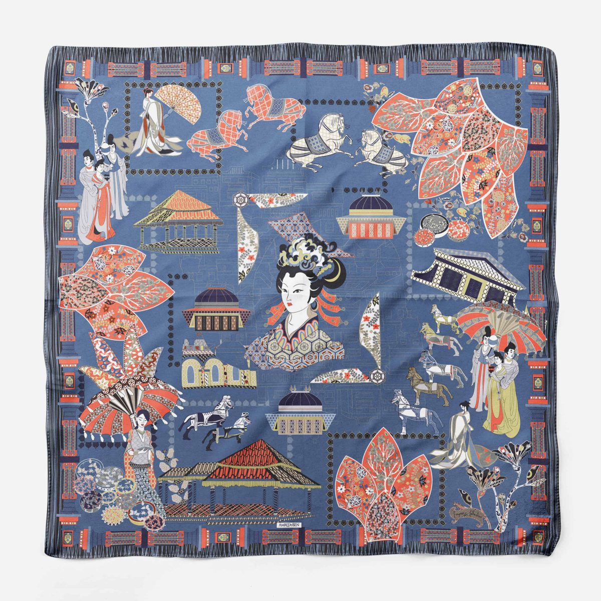 Wu Zetian 135 cm square scarf Merged Navy Blue Silk SCarf 11