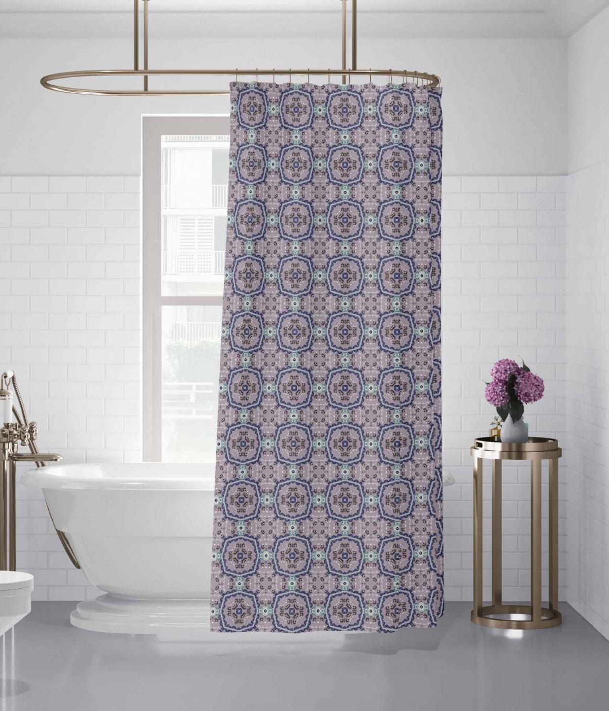 Blue Pink Flower Pink and White REPEATED ART Bath Curtain MOCKUP3