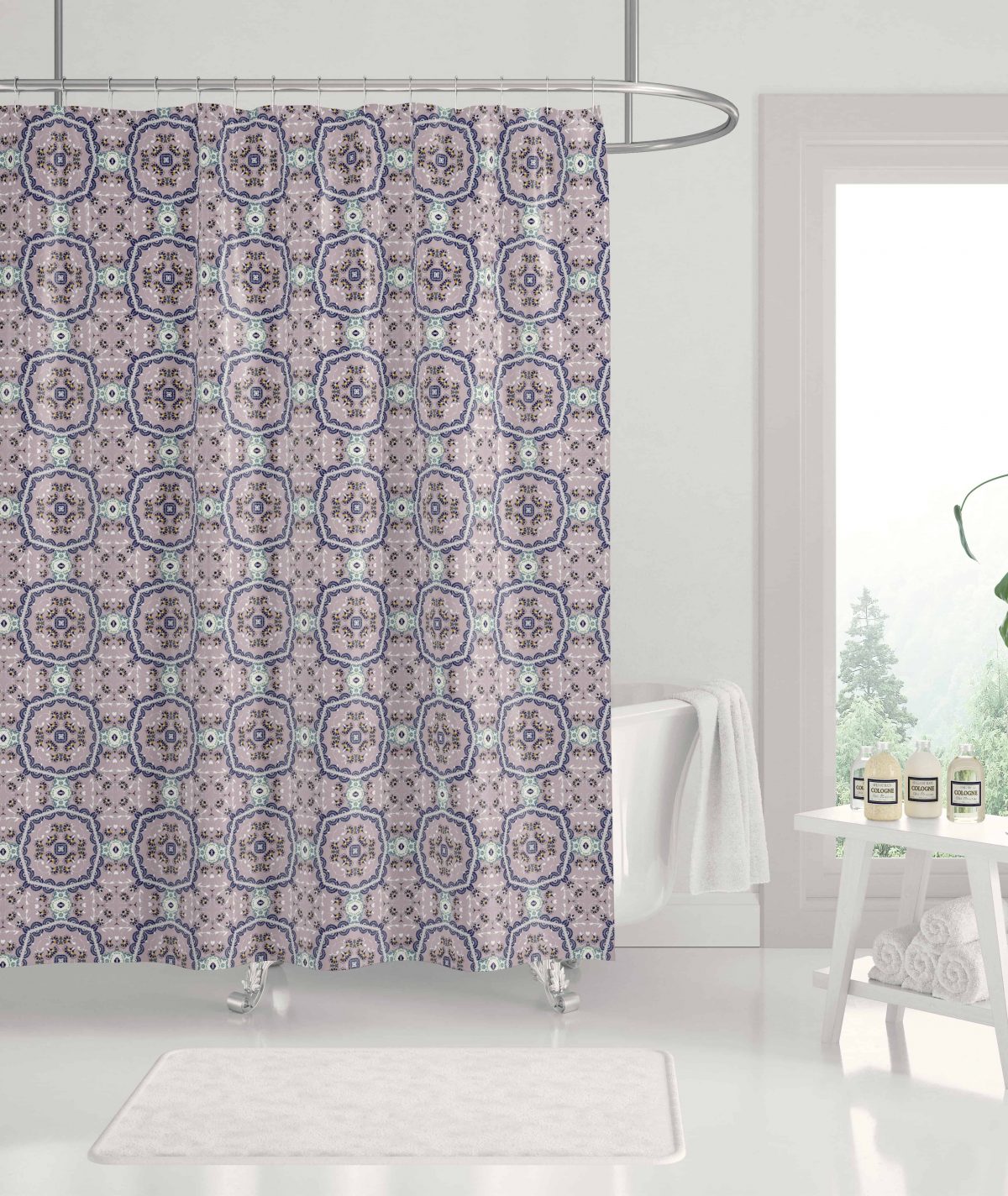 Blue Pink Flower Pink and White REPEATED ART Bath Curtain MOCKUP4