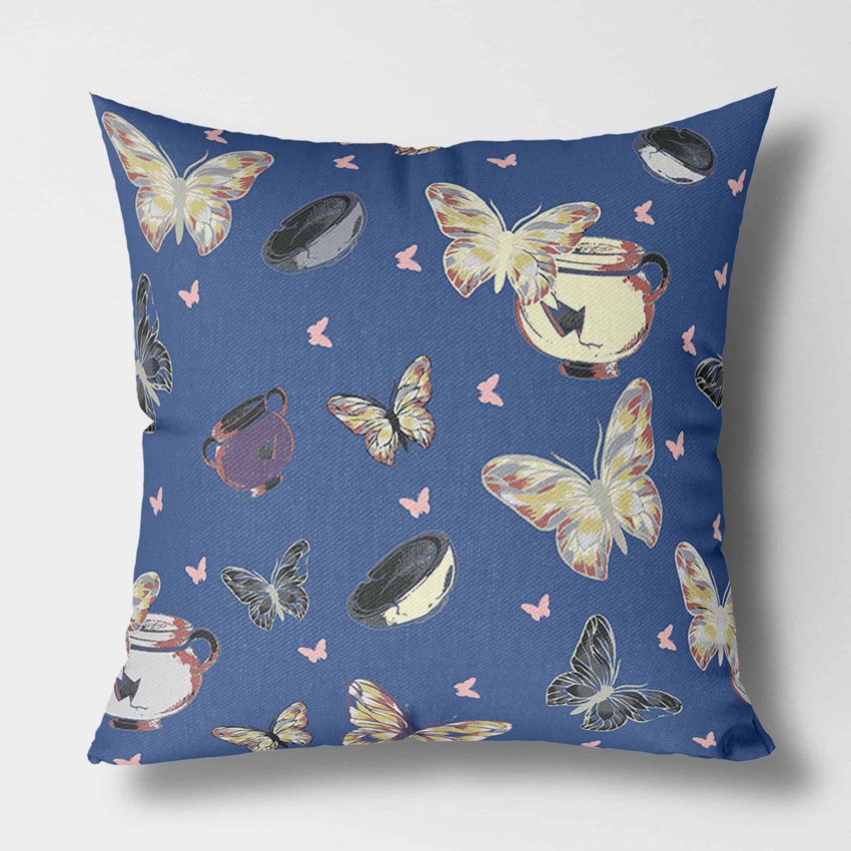Bowls and Butterflies Blue Front View Canvas Pillow square
