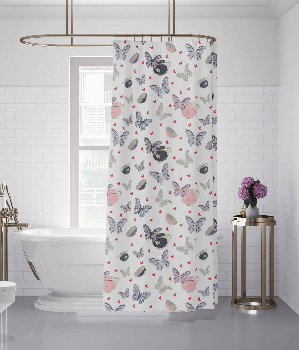 Bowls and Butterflies Red and Purple on White REPEATED ART Bath Curtain MOCKUP3