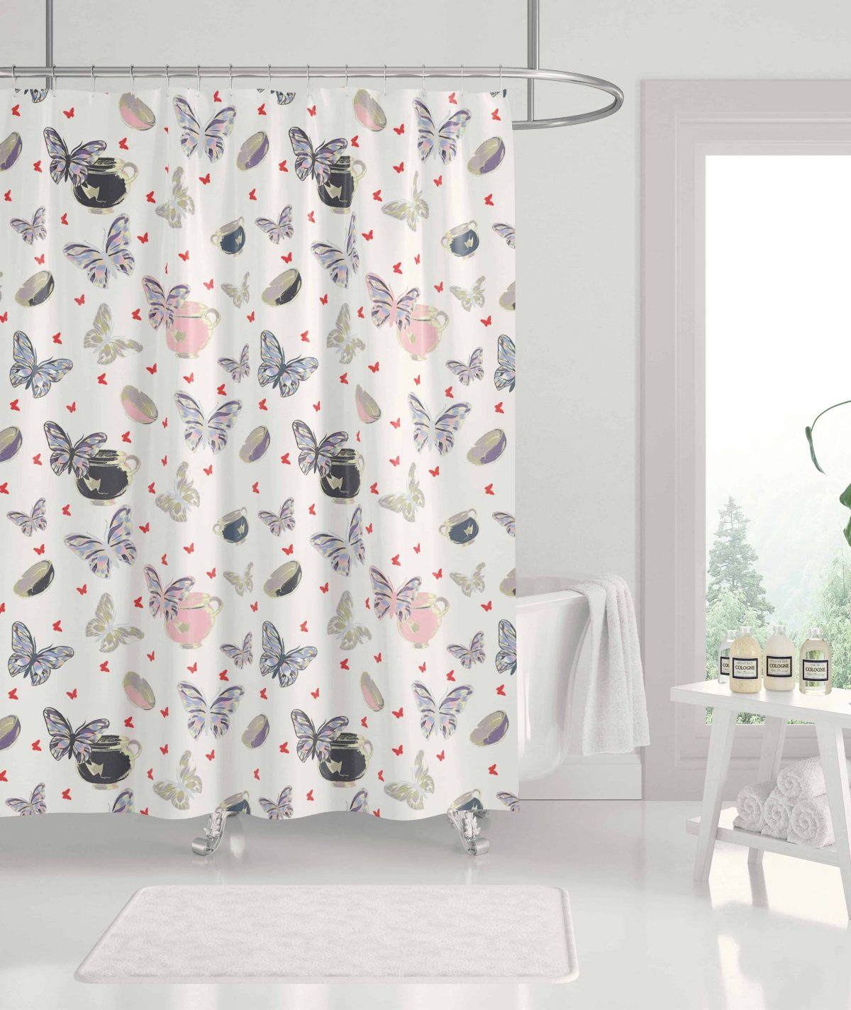 Bowls and Butterflies Red and Purple on White REPEATED ART Bath Curtain MOCKUP4