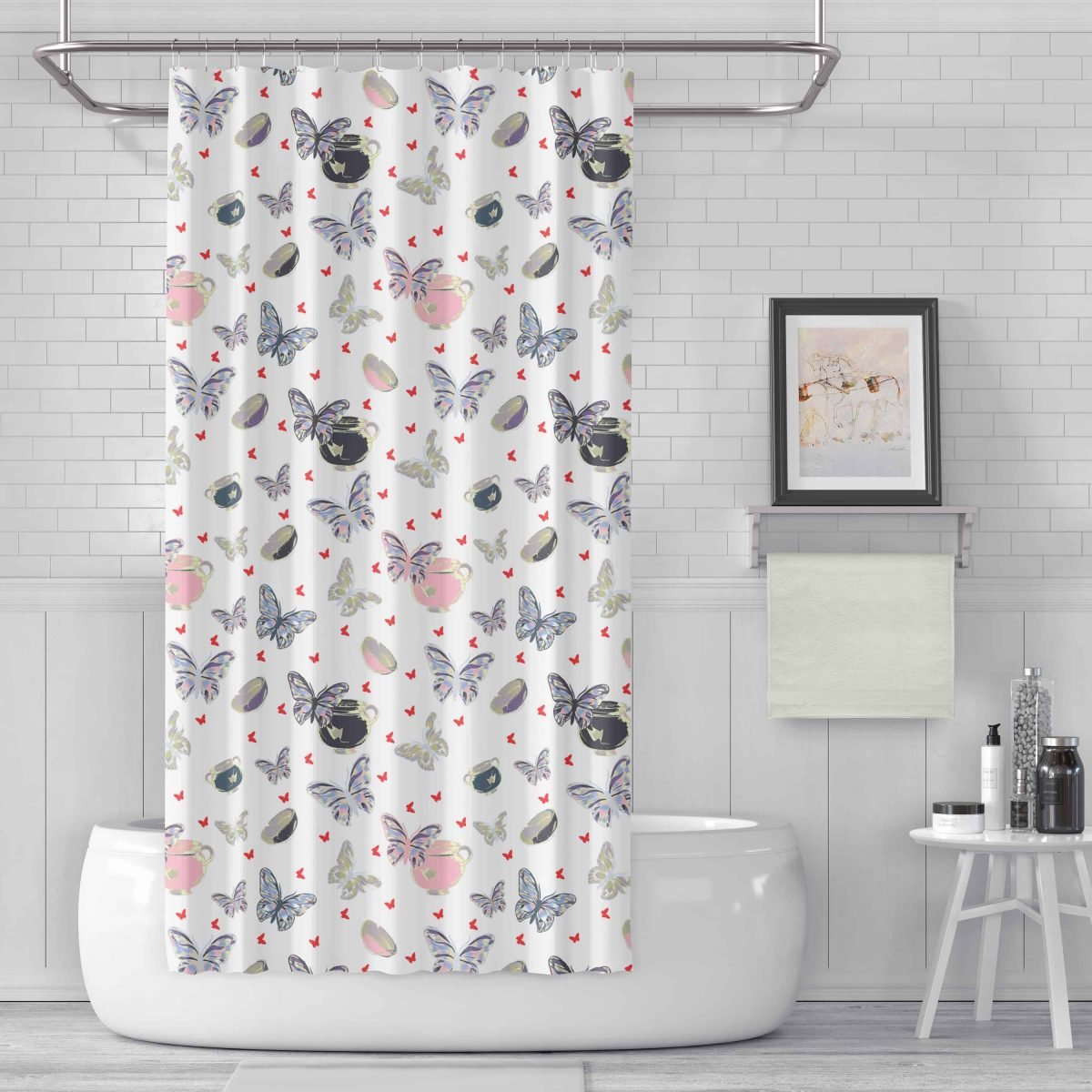 Bowls and Butterflies Red and Purple on White REPEATED ART Bathroom Scene MOCKUP5