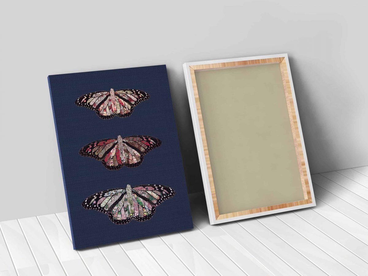 Butterflies Rustic on Denim Vertical 24x36 canvas 02 vertical front and back