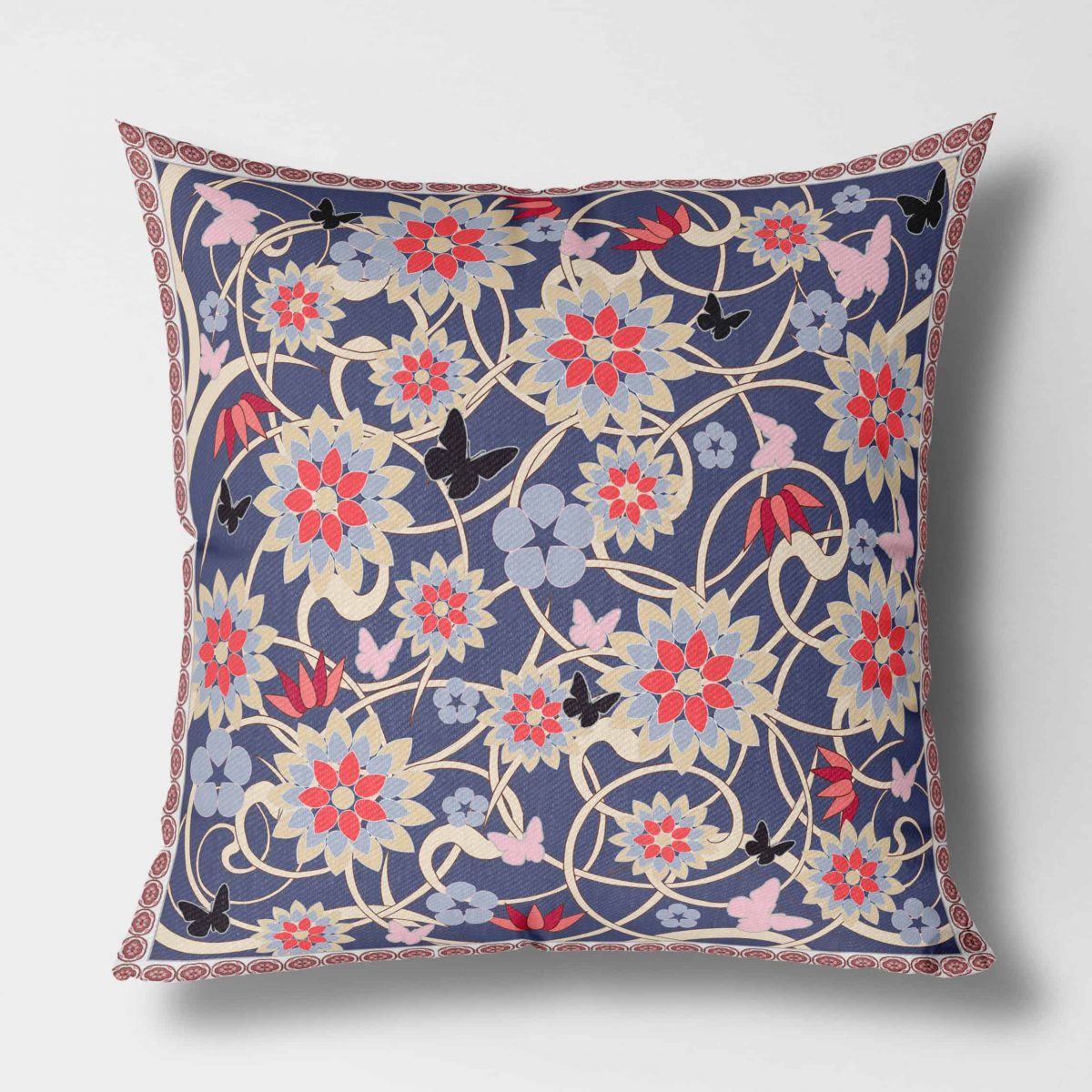 Butterfly Indigo Red Cream Outdoor Front View Canvas Pillow square