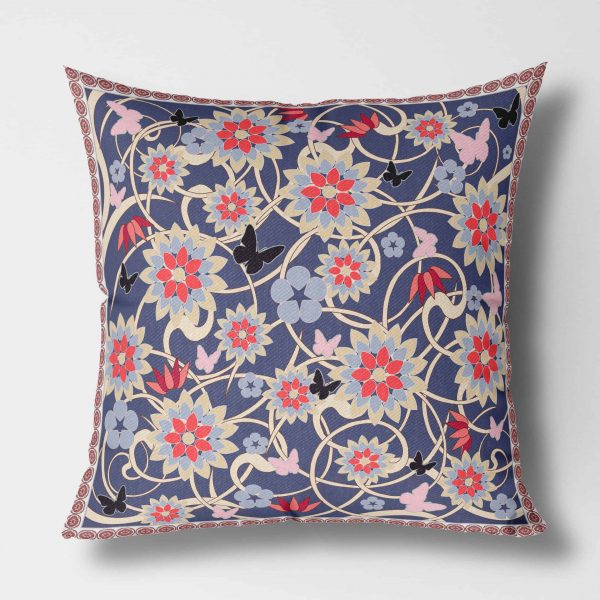 Butterfly Indigo Red Cream Outdoor Front View Canvas Pillow square