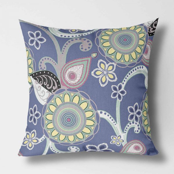 Muted Floral Circles White on Muted Blue Canvas Pillow square