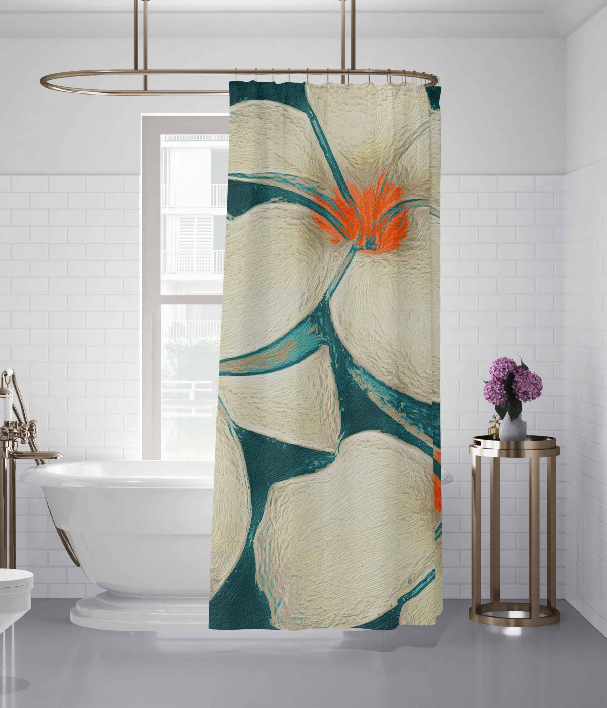 Thee oil Flowers White with Orange Bath Curtain MOCKUP3