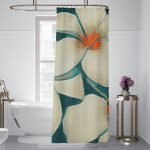 Thee oil Flowers White with Orange Bath Curtain MOCKUP3