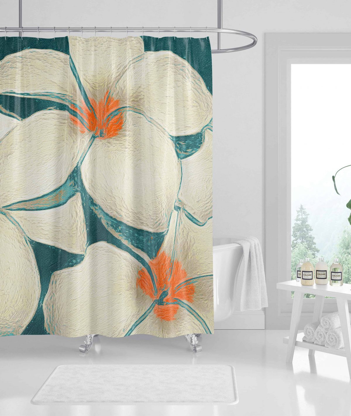 Thee oil Flowers White with Orange Bath Curtain MOCKUP4