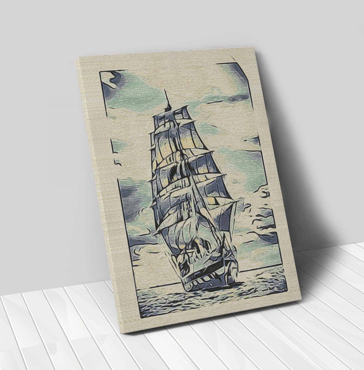 WaterColor Boat on Burlap Vertical 24x36 canvas 01 vertical