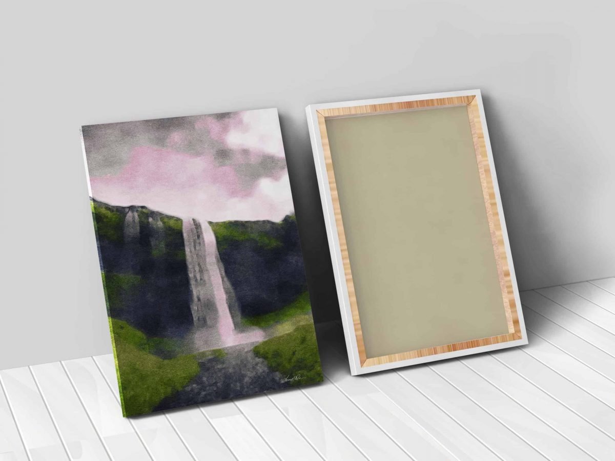 Waterfall in a Canyon Watercolor 24x36 canvas 02 vertical front and back