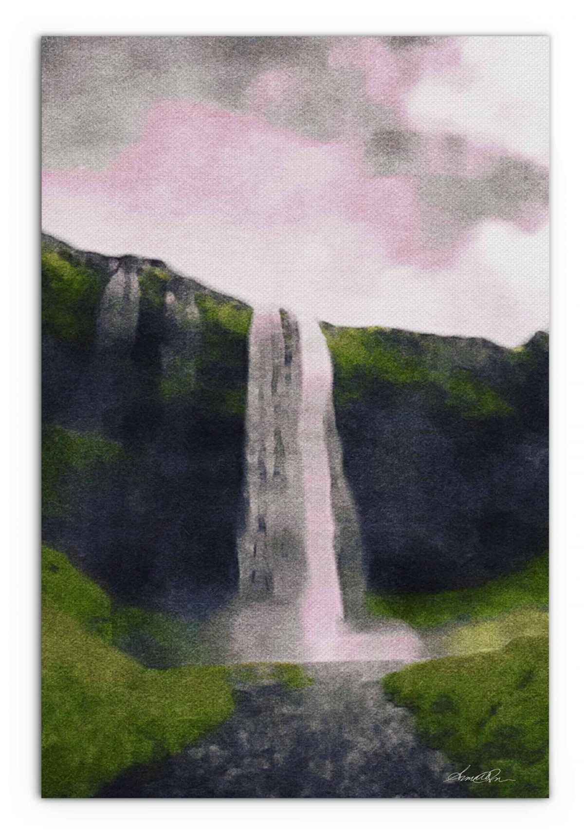 Waterfall in a Canyon Watercolor Vertical 24x36 Regular Front View