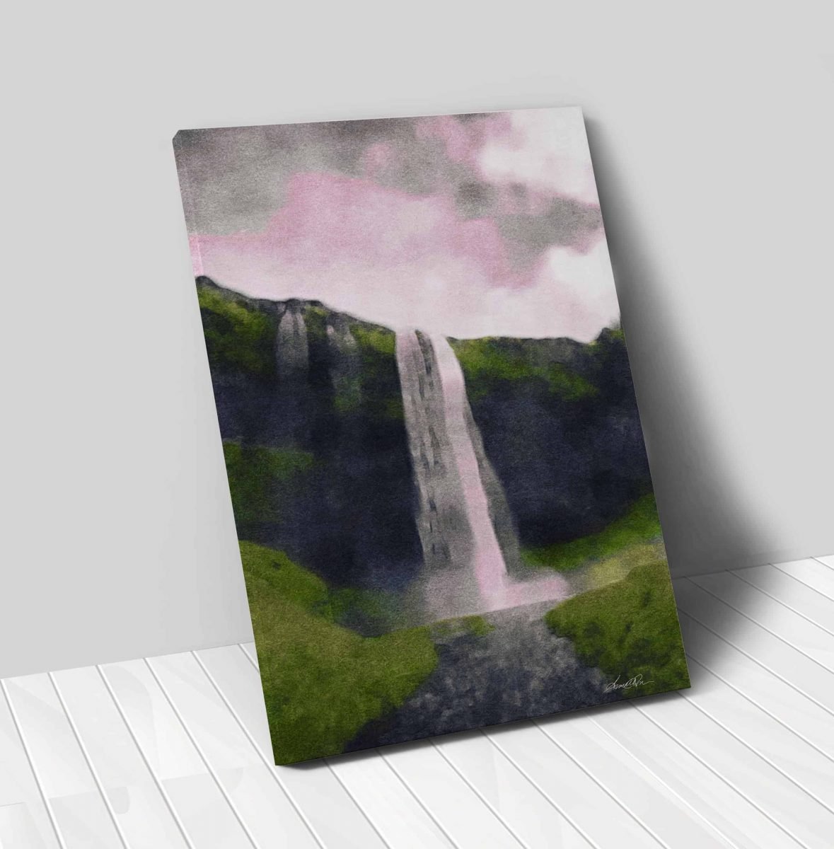 Waterfall on a Canyon Water Color Green Canvas Wall Art – Amrita Sen