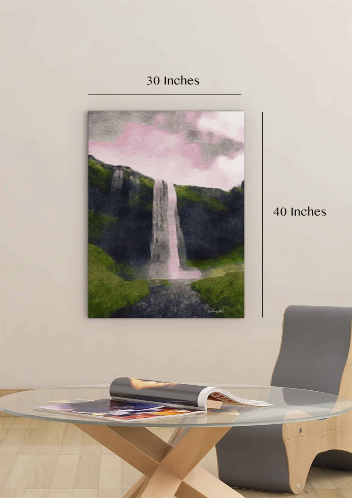 Waterfall in a Canyon Watercolor Vertical 30 x 40 Room Mockup