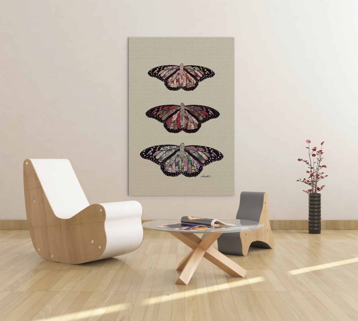 Rustic Butterflies on White Canvas Modern Wood