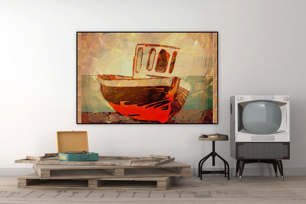 Vintage Boat Red Orange Rectangle Matte Framed Canvas Wall Art