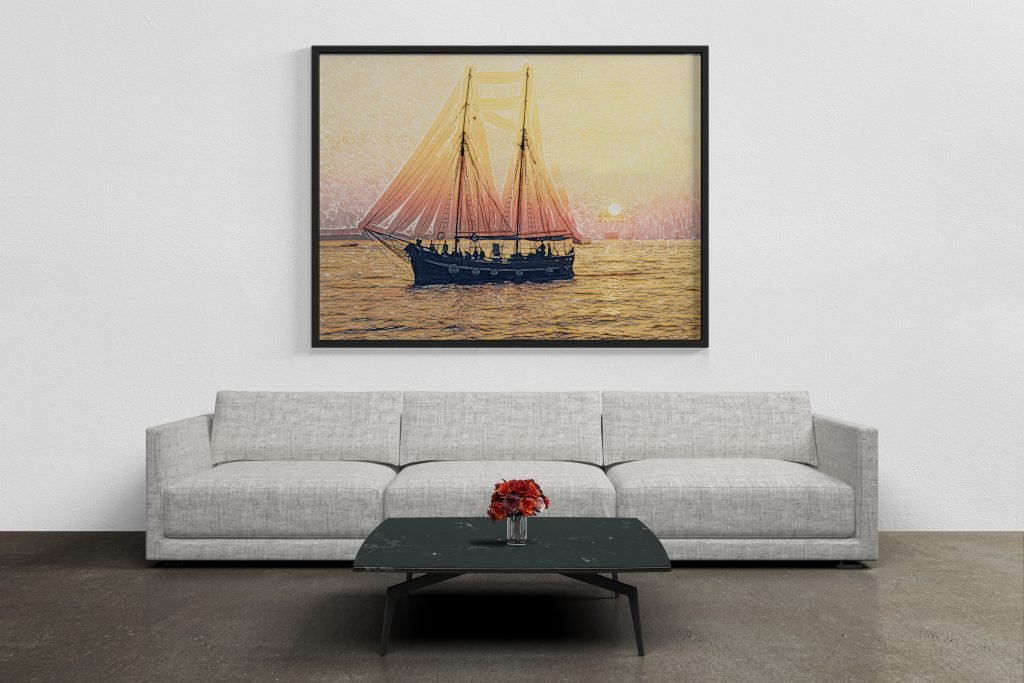 Water Color Boat Pink Blue Rectangle Matte Framed Canvas Wall Art