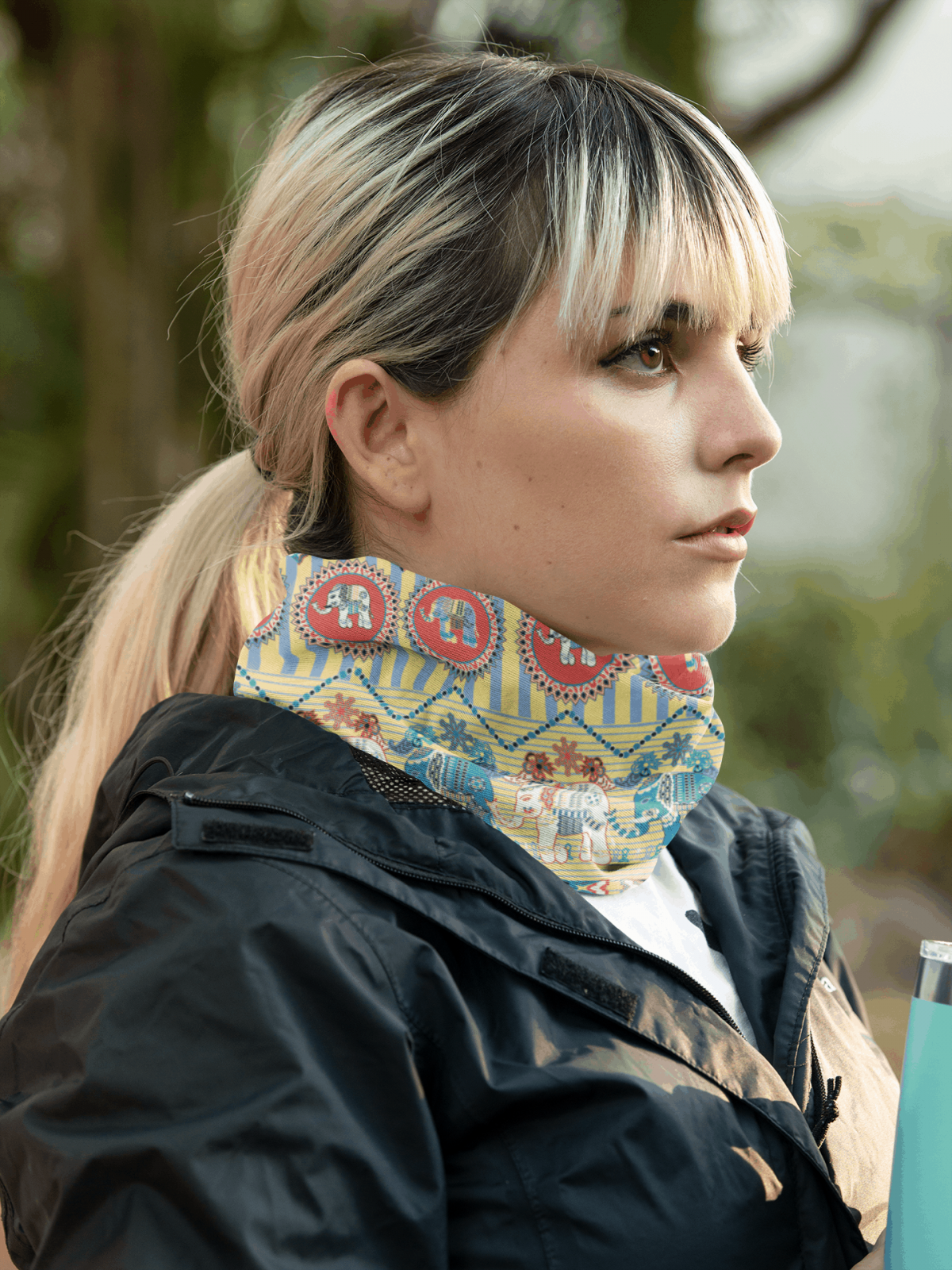 mockup of a young woman wearing a neck gaiter on the street 36141 1