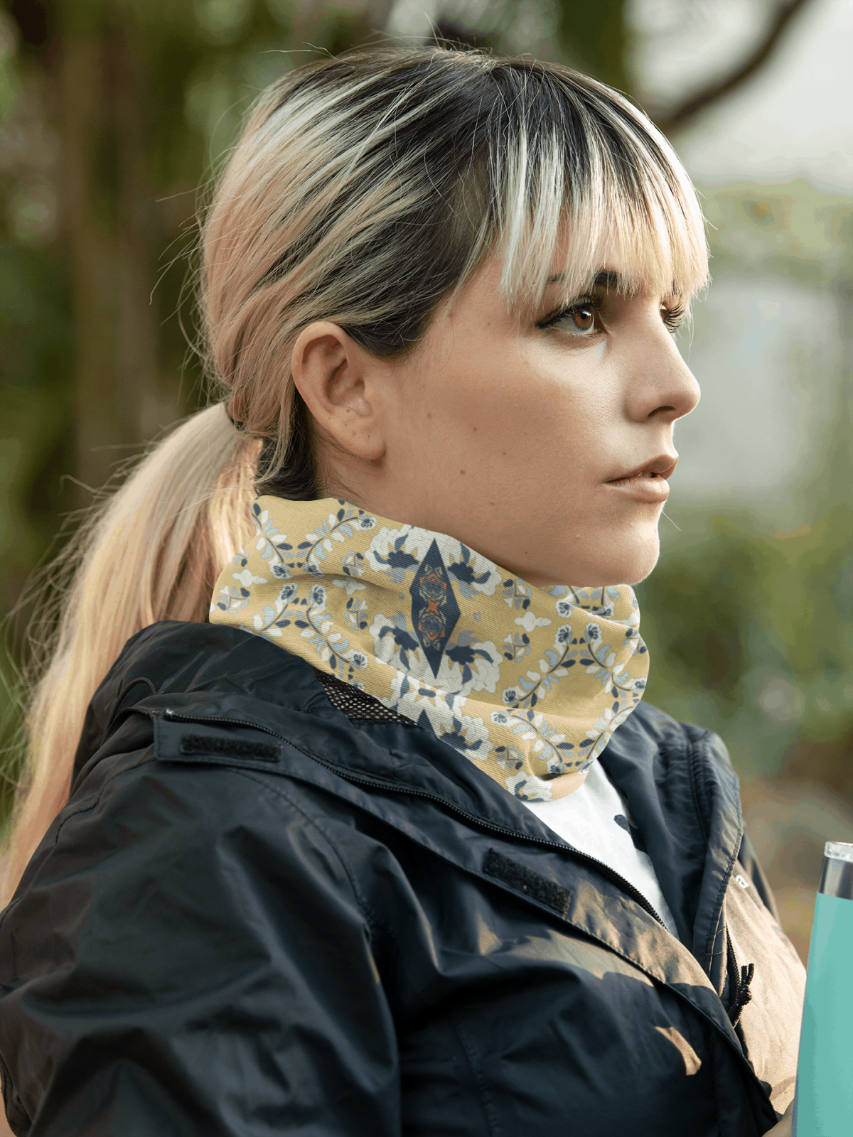 mockup of a young woman wearing a neck gaiter on the street 36141 3