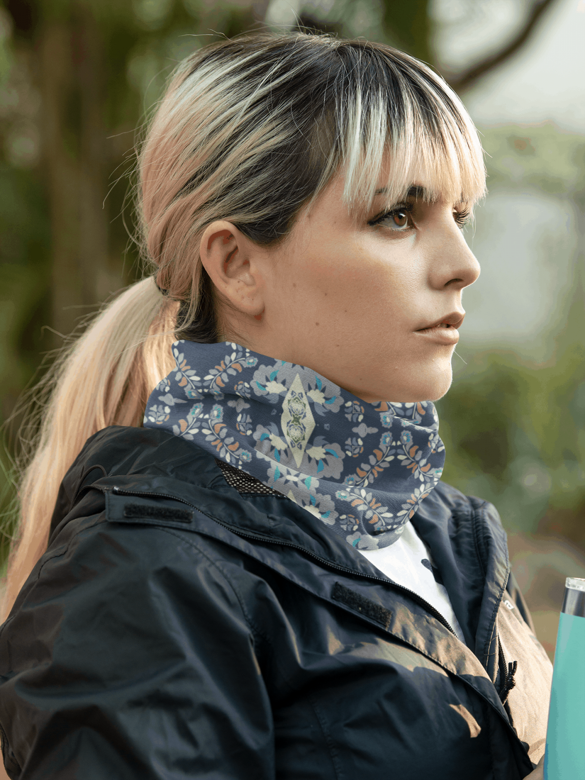 mockup of a young woman wearing a neck gaiter on the street 36141 4