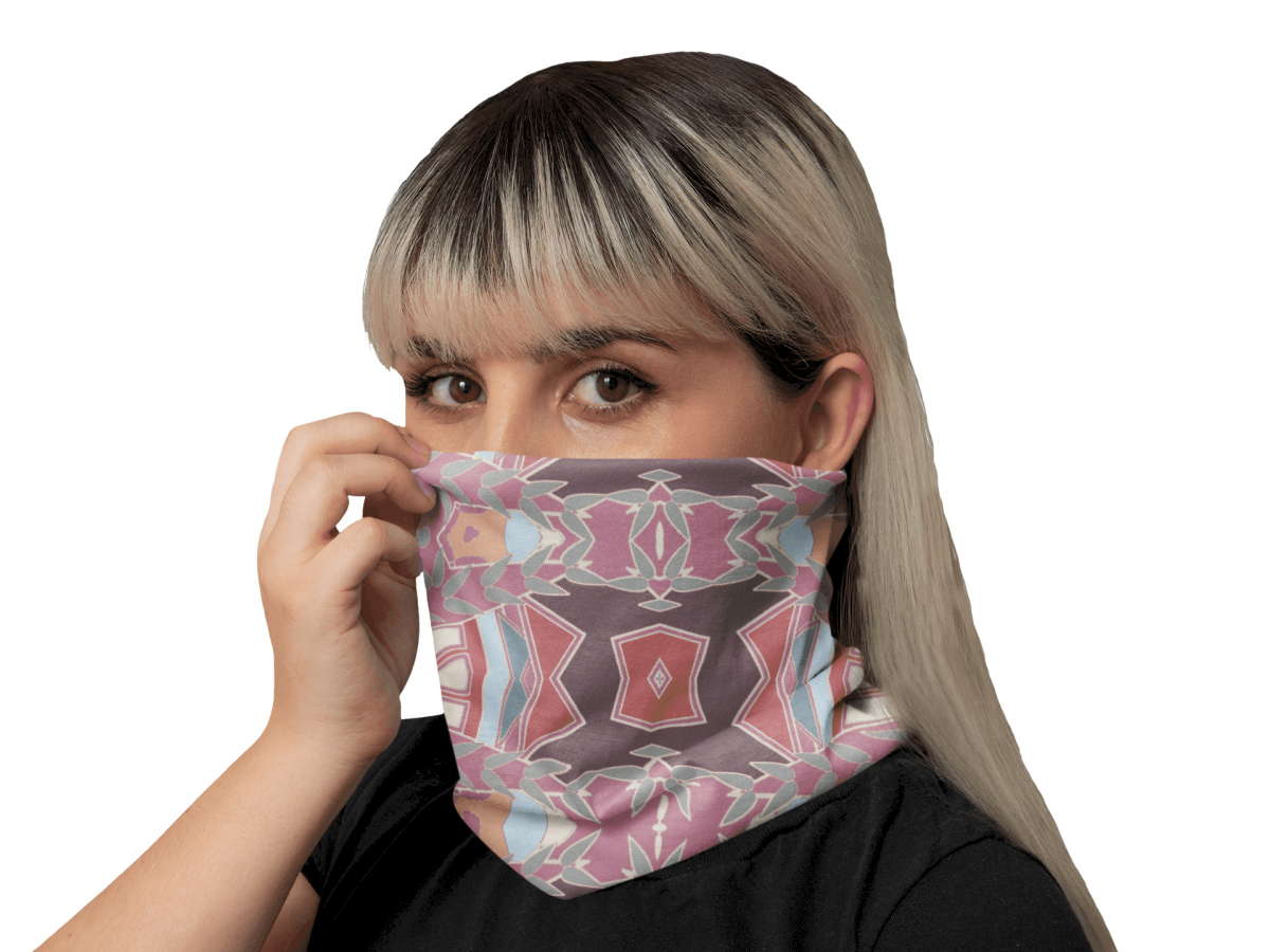 neck gaiter mockup featuring a woman in a studio 36076