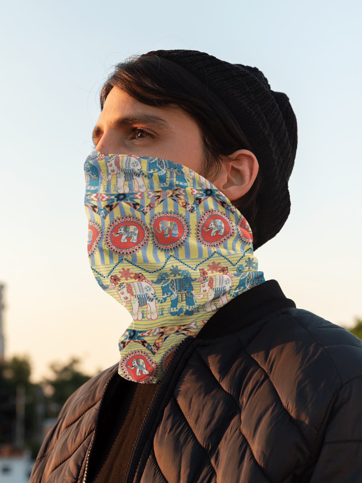 neck gaiter mockup of a man watching the sunrise 36086 1