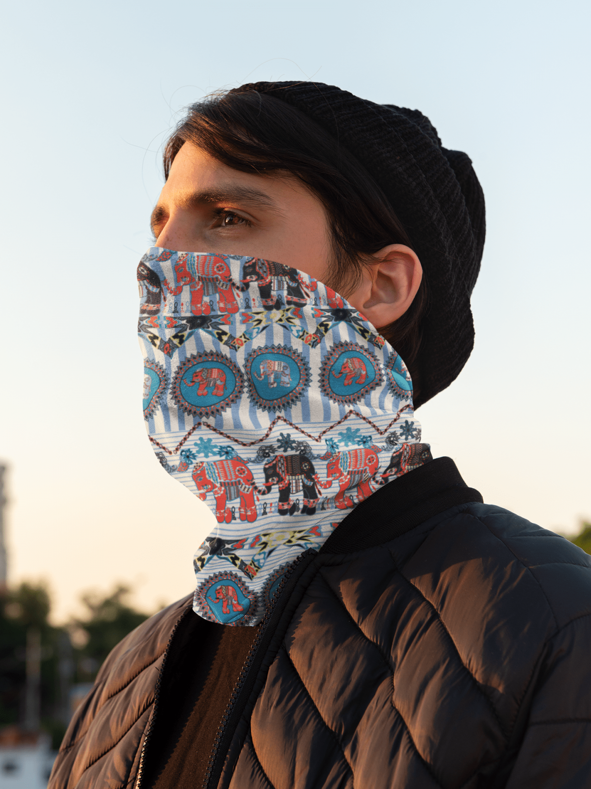 neck gaiter mockup of a man watching the sunrise 36086 2