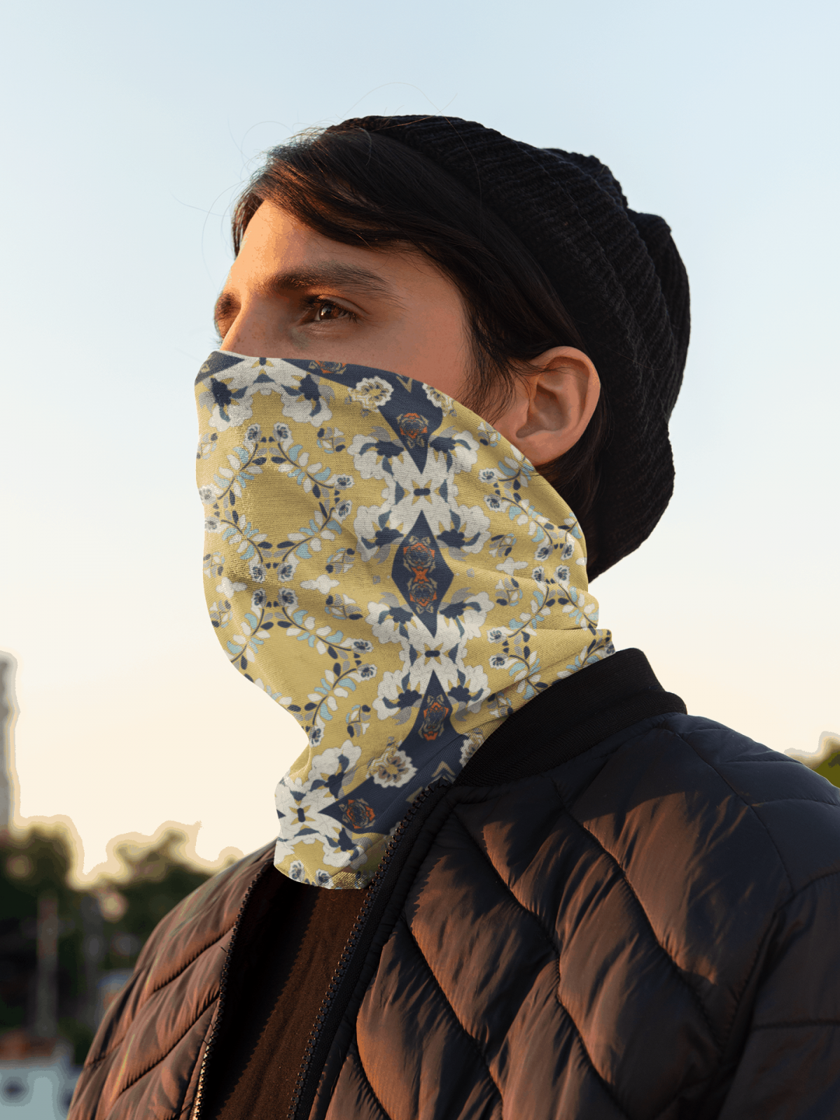 neck gaiter mockup of a man watching the sunrise 36086 4